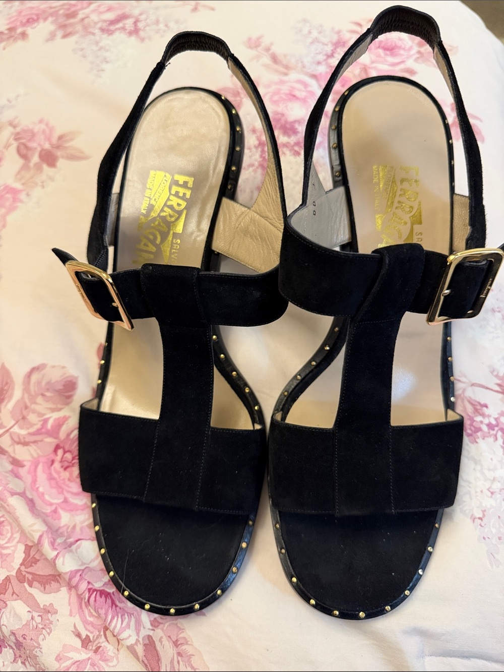 Salvatore Ferragamo Black Suede Stud-Trim Slingback Sandals with Gold Buckles - Picture 1 of 9